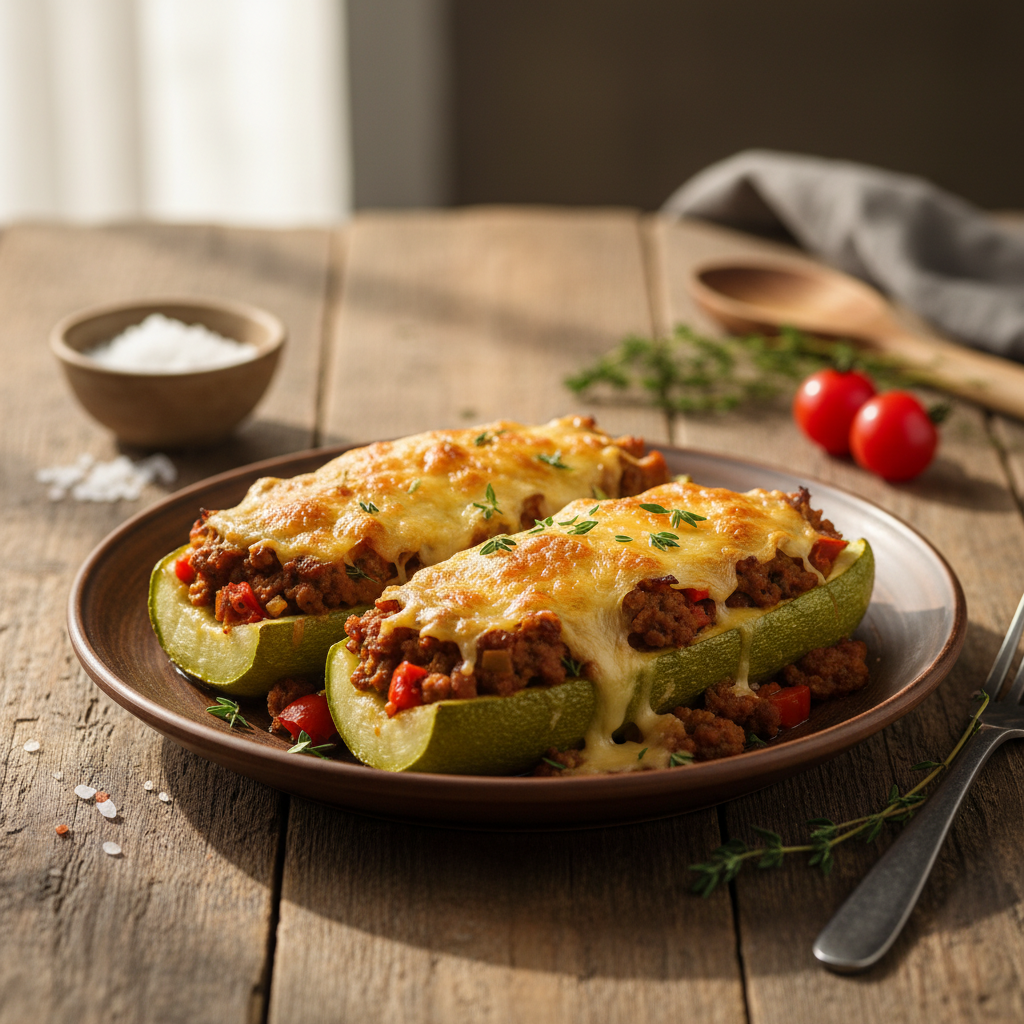 Mahlane täidetud suvikõrvits hakkliha ja juustuga